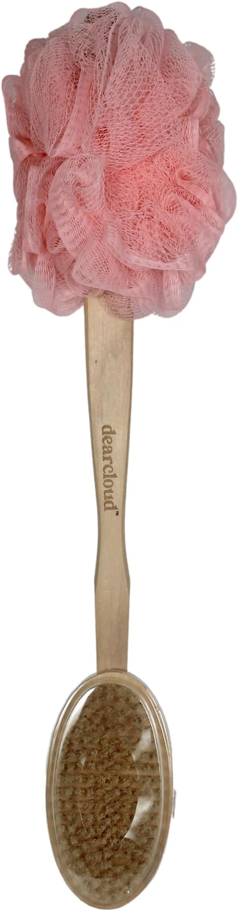 dearcloud Loofah Brush – Long Handle Shower Scrubber (Peach) | 2-in-1 loofah + brush head · long handle for back & body · Peach colorway