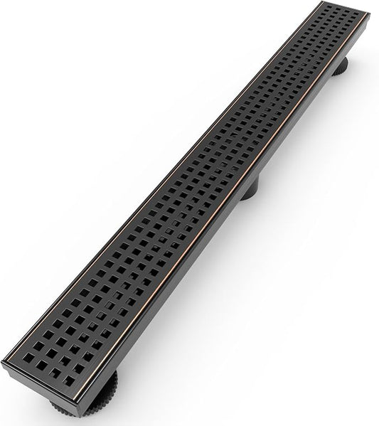 WEBANG 24 Inch Linear Shower Drain Rectangular Floor Drain with Accessories Square Hole Pattern Cover Grate Removable SUS304 Stainless Steel CUPC Certified Oil Rubbed Bronze