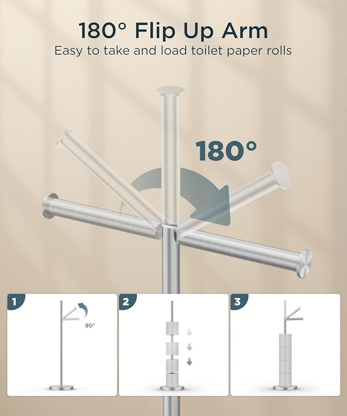 FORIOUS Toilet Paper Holder Stand with Storage for 4 Rolls, Brushed Nickel | Modern Freestanding SUS 304 Stainless Steel Bathroom Tissue Roll Organizer with Heavy Anti-Slip Weighted Base