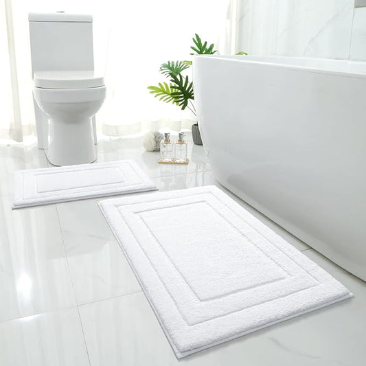 HOMEIDEAS Bathroom Rugs Sets 2 Piece, Super Soft Non Slip Bath Mat White | Ultra Absorbent, Microfiber Machine Washable Bath Rug Set, for Bathroom, Tub, Shower 20" x 32" + 16" x 24"