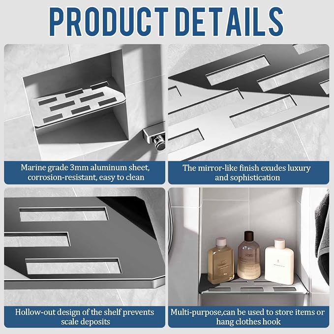 Rectangular Shelf for 12 Inch Tile Prefabricated Niches, Shower Niche Shelf with Mirror Effect 316 Stainless Steel Finish, Fits 1/8 inch Grout Lines Shower Niche Insert