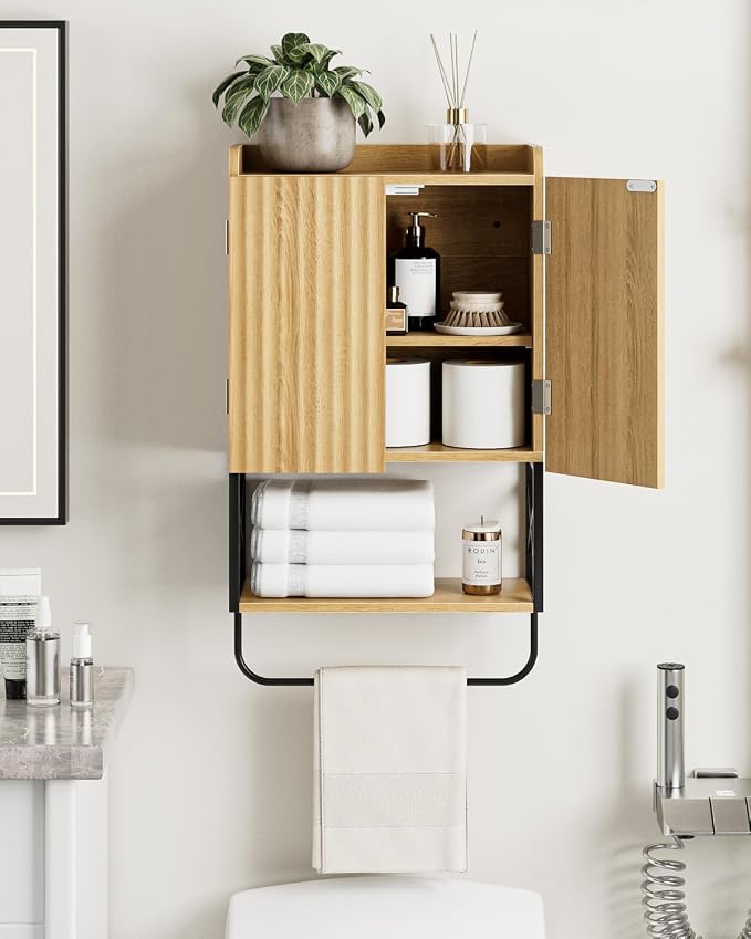 Masupu Bathroom Cabinet Wall Mounted, Wooden Medicine Cupboard with Adjustable Shelves, Space-Saving Wall Storage Unit for Bathroom, Kitchen and Living Room (9" D x 15.35" W x 27.16" H,Modern Oak)