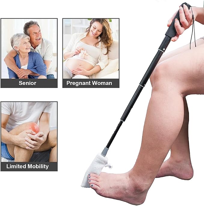 EASACE Toe Cleaning Brush, 13-32 inch Long Handle Foot Scrubber, 4 Reusable Covers, Lotion Applicator for Seniors