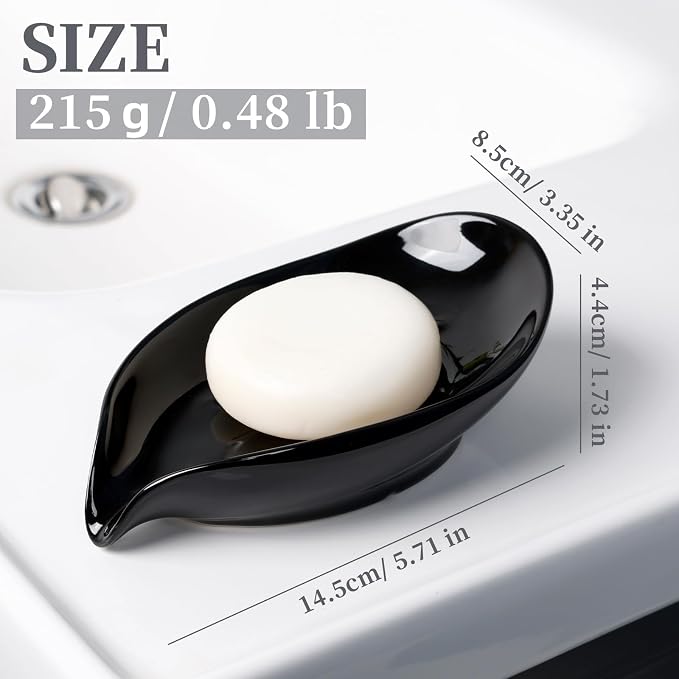 Soap Dish, Self Draining Soap Holder, Leaf Shape Ceramic Bar Soap Holder Drain Soap Dishes for Bathroom Sink Kitchen, Easy to Clean, Keeps Soap Dry, Black, ANTIS'S HOME