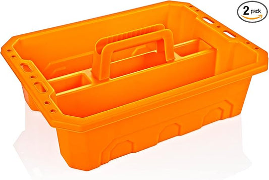 CANOPUS Storage Tray Tote with Functional Holes - 2 PCs Plastic Cleaning Caddy with Handle, Portable Caddy, Undersink Storage for Kitchen, Shoe Cleaning Box, Products Organizer, Orange