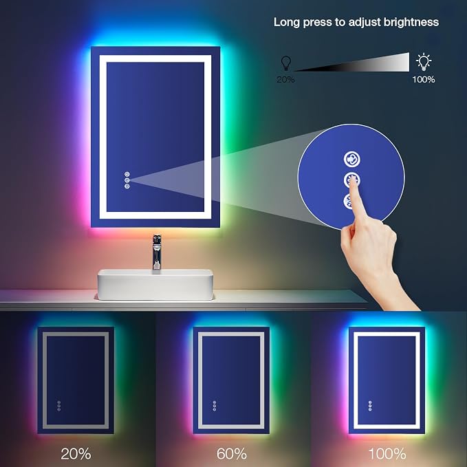 LOAAO 24"X32" RGB LED Bathroom Mirror with Lights, UL Listed | Anti-Fog, Dimmable, RGB Backlit + Front Lighted, Memory Function, Tempered Glass