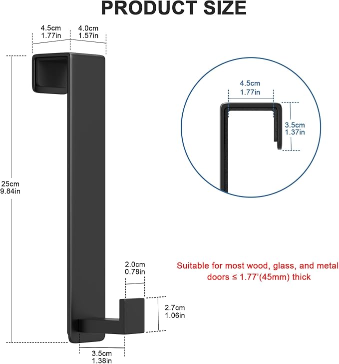 PMMASTO 10 Inch Extended Over The Door Hooks, Rustproof Stainless Steel Door Hanger with Non-Slip Pads for Bathroom Kitchen Entryway (Black, Fits 1-3/4" Thick Door, L Shape 2 Pack)