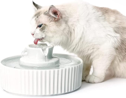 2.1L Ceramic Cat Water Fountain-for Cats and Dogs, 360 Ceramic Pet Fountain-70 Oz Large Water Capacity - Whisper-Quiet Water Flow-Great for Shy or Timid Pets - Fresh, Filtered Water（White）