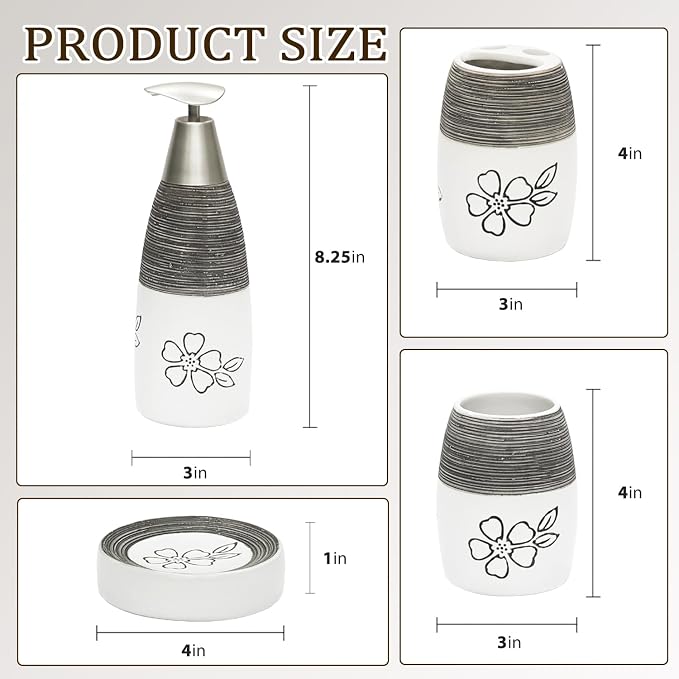 CERBIOR Bathroom Accessories Set,4 PCS Ceramic Bath Accessory,White Flower | Includes Toothbrush Holder, Toothbrush Cup, Soap Dish for Decorative Countertop and Housewarming Gift