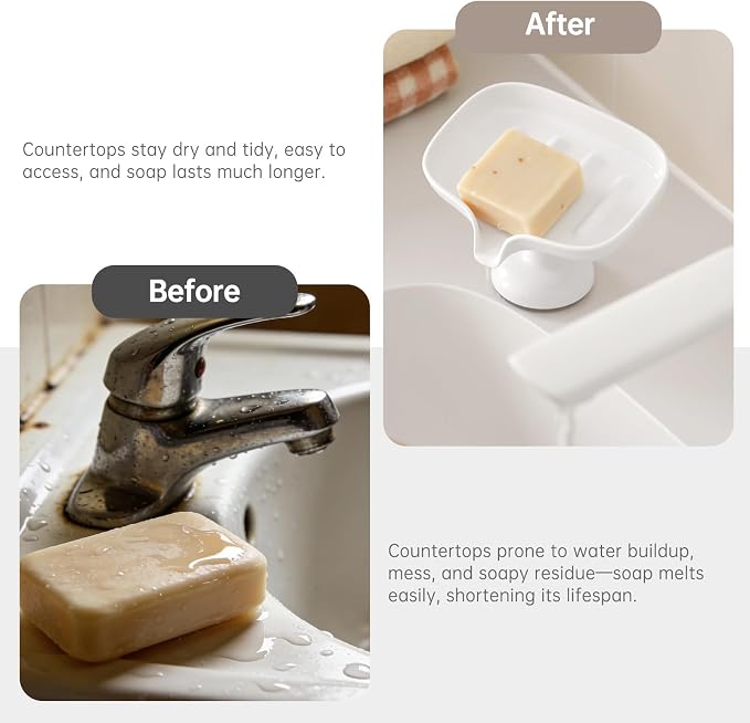 PAVSTINE Self-Draining Soap Dish with Suction Cup, Stand Bar Soap Holder | No-Drill Mounting, Removable for Easy Cleaning, Keeps Soap Dry, for Bathroom, Shower & Kitchen Sink, White