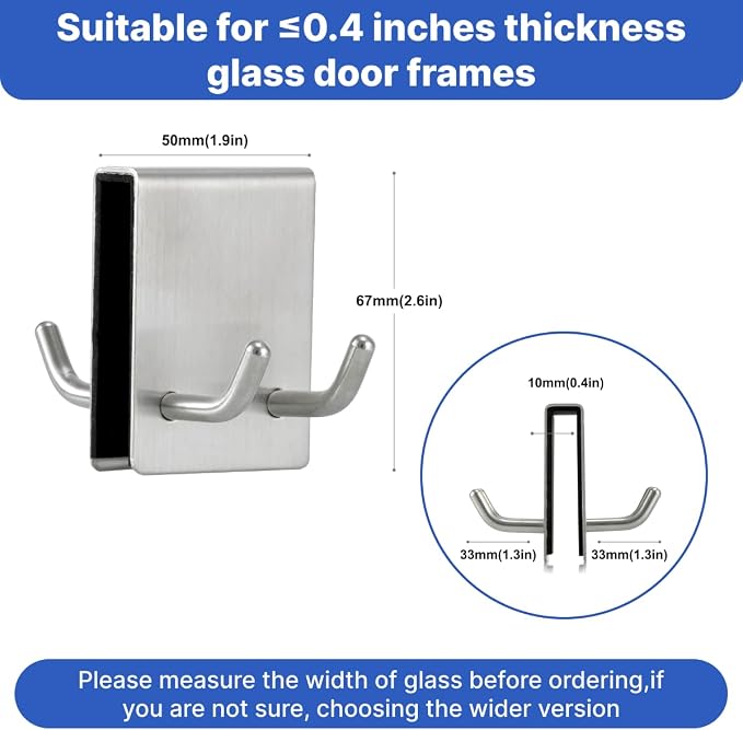EAEDMY Shower Door Hooks, Over Glass Towel Hooks for Bathroom, Suit for Frameless Glass Shower Door 0.43in (<11mm), Stainless Steel, Drilling-Free, 2 Pack (2Pack Silvery)