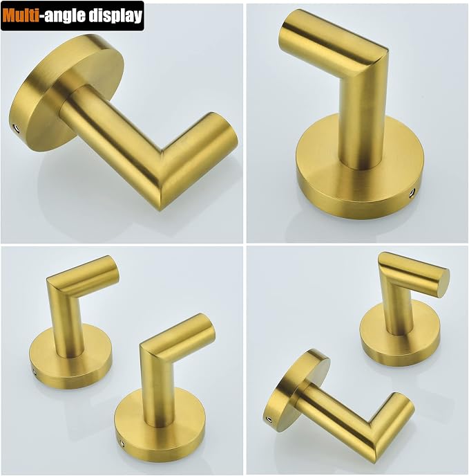 2 Pack Bath Towel Hook, Gold Robe Hook Stainless Steel Bathroom Clothes Coat Hook Wall Mounted Brushed Gold,96018-8BG.