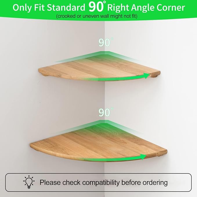 Corner Shelf, 12inch Solid Oak Wood Floating Corner Shelves Wall Mount Round End Floating Speaker Shelf with Wire Hole for Small Plant Photo Frame for Bedroom Kitchen, Living Room
