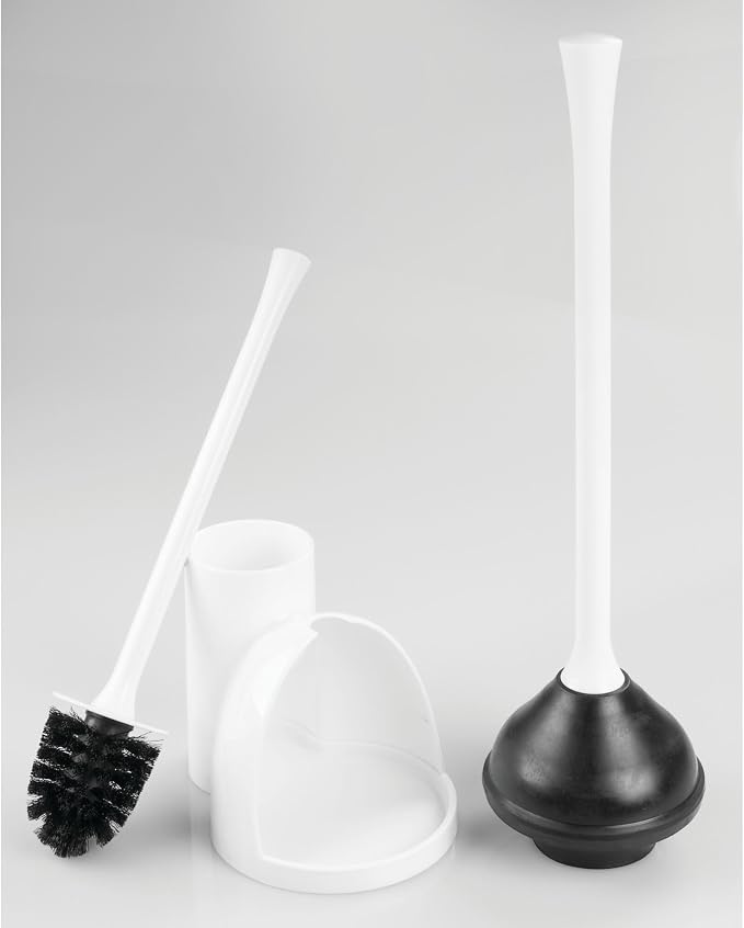 iDesign Compact Plunger Set, White, Set of 2 | Toilet Brush, Bathroom Cleaning, Storage