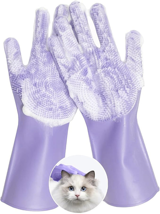 Pet Grooming Gloves, Silicone Bath Massage Gloves, Wet & Dry Use for Cats Dogs (Purple) | Crafted from quality silicone, gets rid of loose hair easily, Soothes pets while bathing and regular brushing