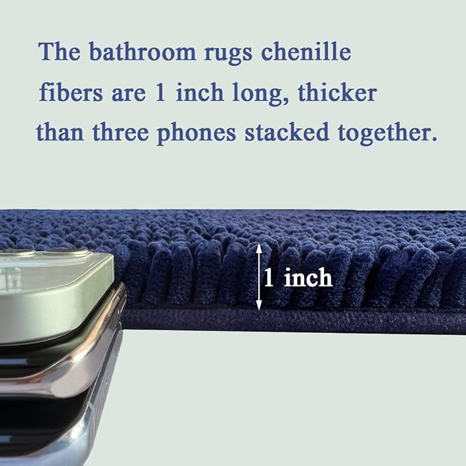 RUN HELIX Navy Blue Bathroom Rug Mat Set, Extra Thick and Absorbent Chenille Soft Plush Shaggy Non-Slip Bath Mats, Washable for Bathrooms, 24x16+20x32 Inch