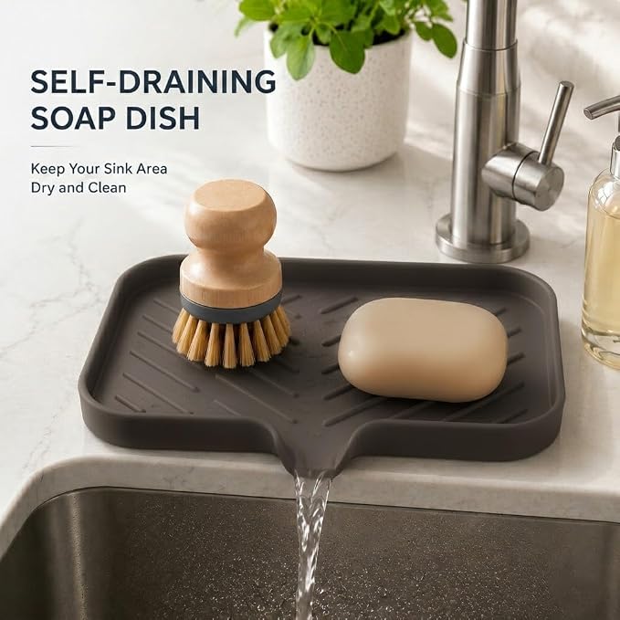 MicoYang Silicone Soap Dish with Drain Spout — Self-Draining Sink Organizer Tray for Bathroom & Kitchen, Sponges, Dispensers & Soap Holder, Non-Slip & Dishwasher Safe, Coffee (Medium, 9.6"×5.3")