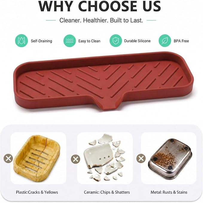 MicoYang Silicone Soap Dish with Drain Spout — Self-Draining Double Sink Organizer Tray for Kitchen & Bathroom, Dispensers, Sponges & Soap Holder, Non-Slip & Dishwasher Safe, Red (Large, 12"×4")