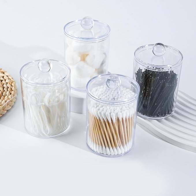 4 Pcs Acrylic Qtip Holder, Cotton Ball Holder Jars with Lids, Clear | Apothecary Jars for Cotton Swabs, Balls, Pads and Floss Picks, Bathroom Vanity Organizer