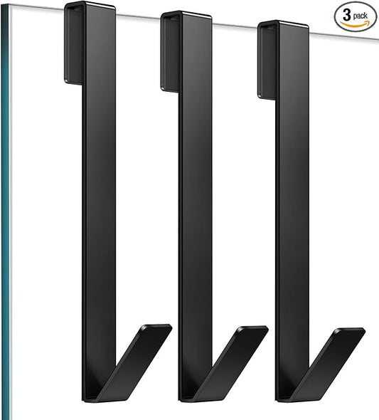 Shower Door Hooks 10 in, Shower Hooks for Towels, Heavy Duty Drilling-Free Extended Towel Hooks for Bathroom Frameless Glass Door, Over the Door Towel Hooks 3 Packs Black