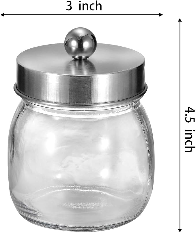 SheeChung Glass Mason Jar Qtip Holder, Brushed Nickel Stainless Steel Lid | Clear Apothecary Jar Canisters Set,Bathroom Jar Dispenser,Vanity Storage Organizer for Cotton Swab,Ball,Floss,Farmhouse Decor