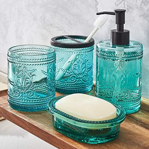 4PCs Teal Blue Glass Bathroom Accessories Set with Decorative Pressed Pattern - Includes Hand Soap Dispenser & Tumbler & Soap Dish & Toothbrush Holder (Bathroom Accessories Blue)