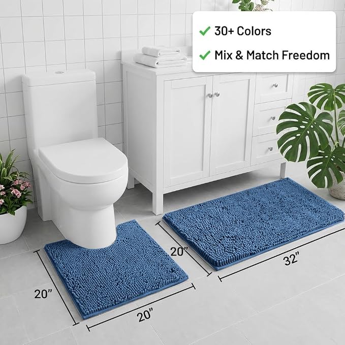 Bathroom Rugs Sets 2 Piece,Super Absorbent Chenille Bath Mats and U-Shaped Toilet Rug,Strong PVC Non Slip Backing,Microfiber Washable Dry Quickly Bath Mats for Bathroom(20"x32"+20"x20"U, Medium Blue)