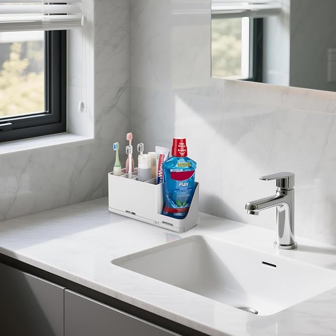 YONGAIJIA 8-Slot Toothbrush Holder with Quick-Dry Diatom Mud Board - Electric & Manual Toothbrush Organizer for Bathroom Countertop (White)