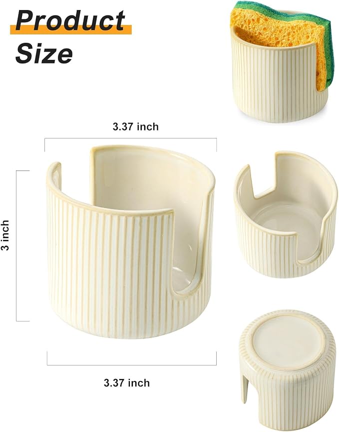 Sponge Holder for Kitchen Sink Countertop, Ceramic Scrub Sponge Dish Holder, Compact Sink Caddy Organizer Accessories for Dish Brush, Scrubber, Glazed White