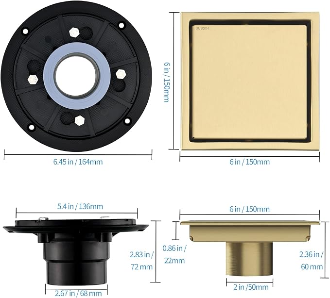 6-Inch Square Shower Drain, Brushed Gold Floor Drain with Flange, 304 Stainless Steel Bathroom 2-in-1 Tile Drain