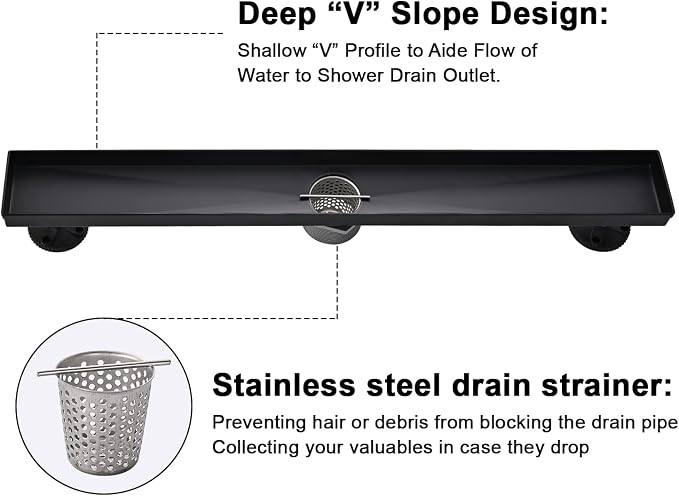 AVSIILE Linear Shower Floor Drain, Black 28 Inch 304 Stainless Steel Bathroom Drains Kit, Rectangular Shower Trench Drain with Reversable Tile-in Pattern Drain Cover & Hair Catcher