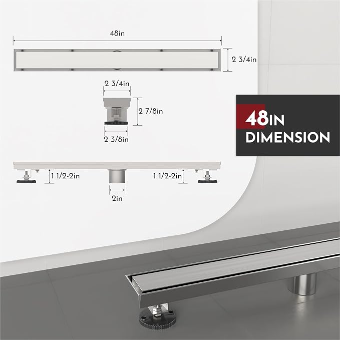 WEBANG 48 Inch Linear Shower Drain Rectangular Floor Drain with Accessories Reversible 2-in-1 Cover Tile Insert Grate Removable SUS304 Stainless Steel CUPC Certified Brushed