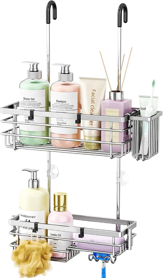 HapiRm Hanging Shower Caddy Organizer - No Drilling Shower Shelves with Hooks and Toothbrush Holder, Rustproof 304 Stainless Steel Bathroom Organizer - Silver