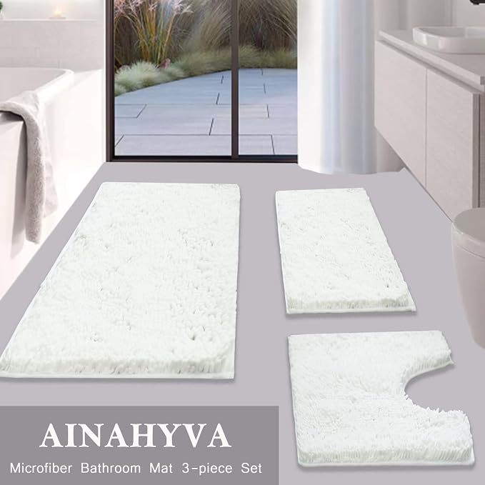 Bathroom Rugs Chenille Bath mat 3 Piece Set, Super Absorbent, Strong PVC Non Slip Backing, Bath mats for Bathroom, Plush Shaggy, Thick, Machine Washable, Bathtub, Shower, Toilet, White