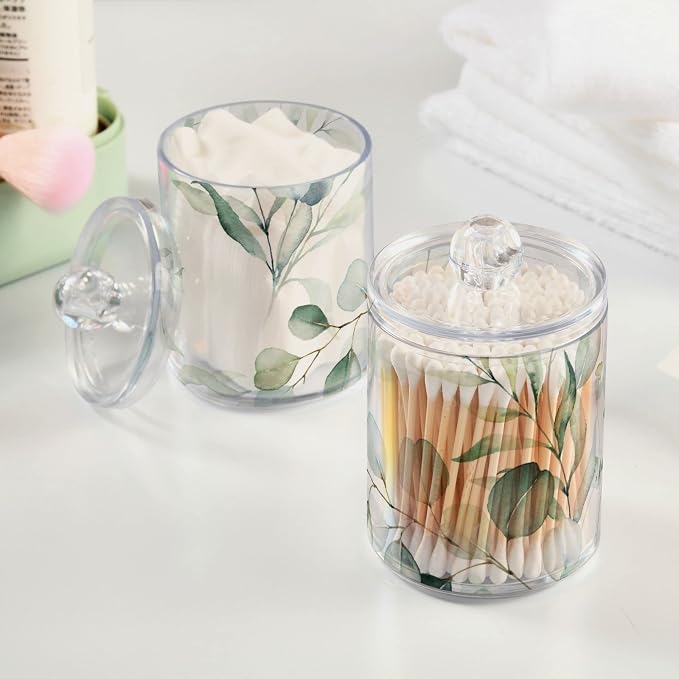 2 Pack Qtip Holder Dispenser for Cotton Ball Watercolor Green Eucalyptus Leaves Cotton Swab Round Pads Clear Plastic Acrylic Jar Set Bathroom Canister