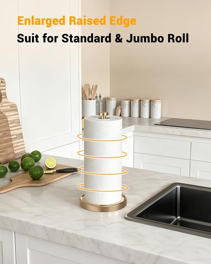 Paper Towel Holder Countertop, Gold Kitchen Accessories Decor, Stainless Steel, Weighted Base, Warm Gold, Paper Towel Roll Holder Stand with Ratchet Mechanism for Kitchen Bathroom Farmhouse Essentials