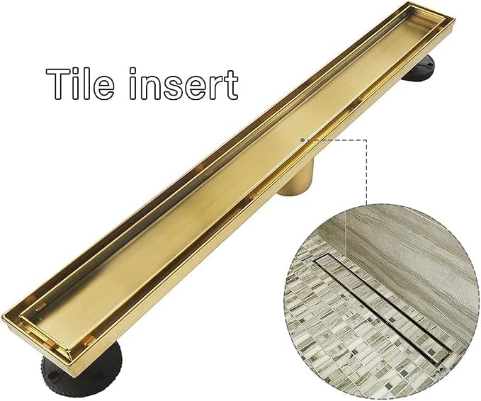 Neodrain 60-Inch Gold Linear Shower Drain, 2-in-1 Flat & Tile Insert Cover, Stainless Steel Linear Drain, Brushed Brass Rectangle Shower Floor Drain with Hair Strainer, Watermark&CUPC Certified