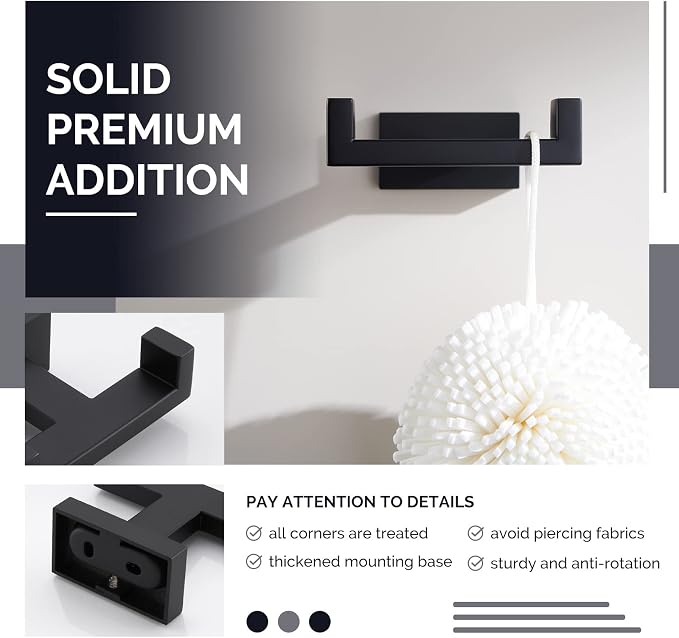 Angle Simple Double Towel Hook Matte Black, SUS304 Stainless Steel Bathroom Towel Holder, Coat Robe Hook Wall Mount