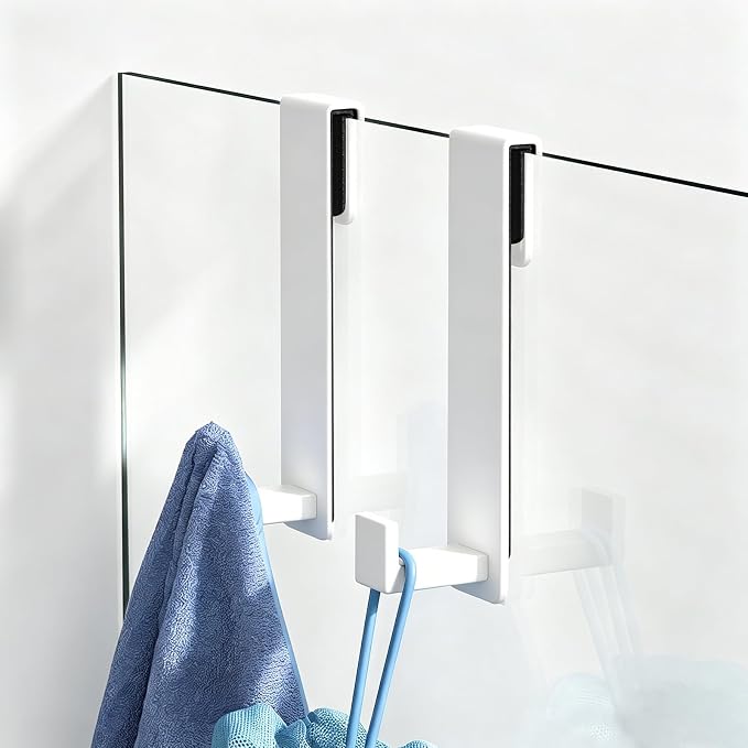 PMMASTO Shower Door Hooks, (7.5 Inch) Extended Towel Hooks for Bathroom Frameless Glass Shower Door, Stainless Steel Heavy Duty Hooks (White, L Shape-Fits 3/8" Thick Door)