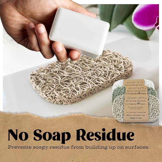 Soap Lift Soap Bar Holder - Flexible Shower Tray with Self-Draining Design - Soap Saver Made of BPA-Free Bioplastic - Handmade Soap Lift for Dishes, Shower & Bathroom Sink -3-Pack (Sage, Bone & White)