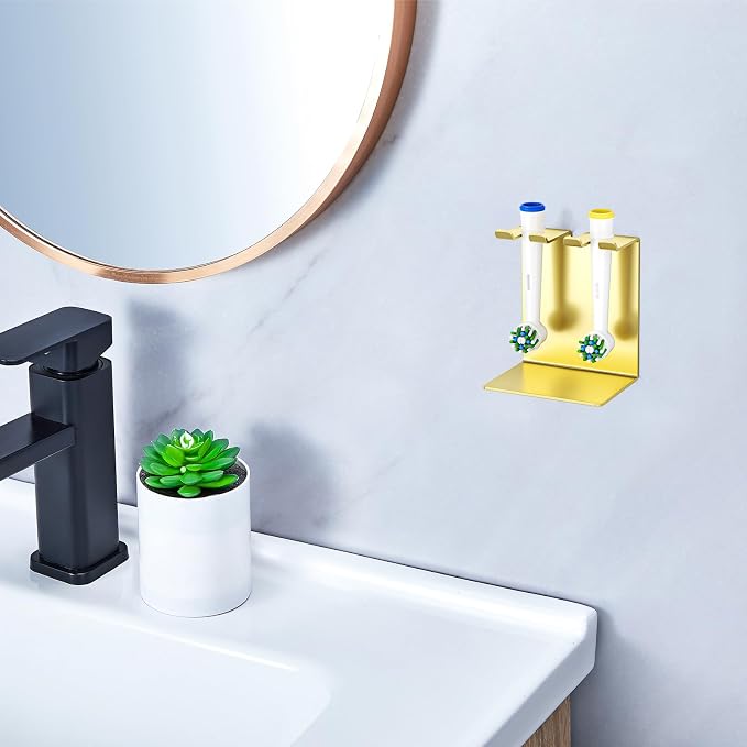 Electric Toothbrush Head Holder, Oukimly Toothbrush Holder Wall Mounted or Desktop, Metal Tooth Brush Holder, Shower Brush Head Holder, Electric Toothbrush Holder for Bathroom (Gold, Small)