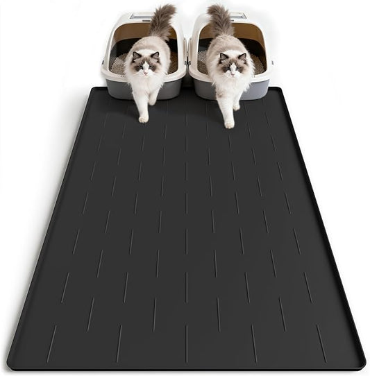 Pieviev Extra Large Silicone Litter Box Mat, Easy to Clean, 40'' x 28'' | Extra-Large Coverage Area Litter Mat, Soft on Kitty Paws, Grooves Reduce Waste, Raised Edges Trap Urine and Spills.