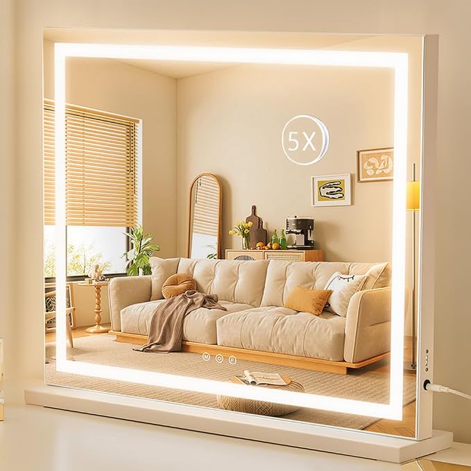 HIEEY Lighted Makeup Mirror, 18.1" x 22.8" Hollywood Vanity Mirror with Lights, Three Color Lighting Modes, with 5X Magnification Mirror, Smart Touch Control (White)