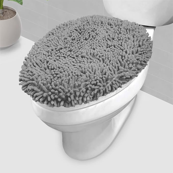 LuxUrux Toilet Lid Cover with Stretch Fit Elastic Band – Chenille Microfiber Toilet Seat Non-Slip Cover for Bathroom – Soft Plush, Machine Wash And Dry, Comfort & Clean Look (18 x 21'', Light Gray)