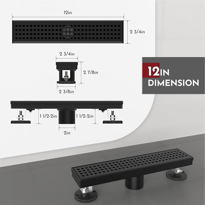 WEBANG 12 Inch Linear Shower Drain Rectangular Floor Drain with Accessories Square Hole Pattern Cover Grate Removable SUS304 Stainless Steel CUPC Certified Matte Black
