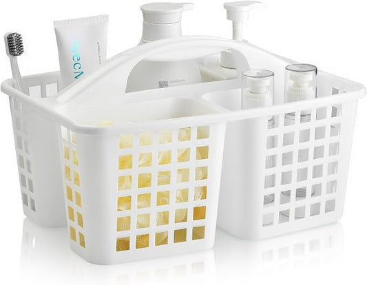 ALINK Plastic Shower Caddy Basket with Compartments, Portable Divided Cleaning Supply Storage Organizer with Handle for College Dorm Bathroom - White