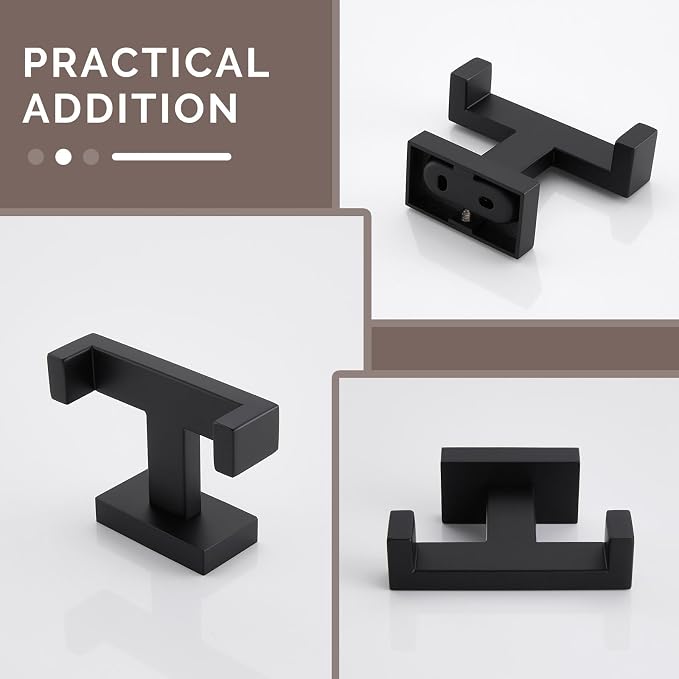 Angle Simple Bathroom Towel Hooks, SUS304 Stainless Steel Shower Double Robe Coat Hooks for Wall, Matte Black, 2 Pack