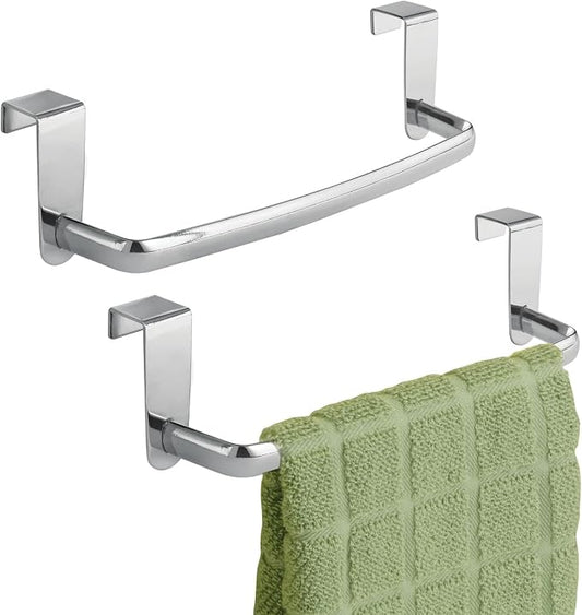 mDesign Steel Metal Wire Over Cabinet Towel Rack Storage Organizer - Hang on Cabinet or Door - Towel Bar Holder for Kitchen - Holds Hand Towels, Washcloths - Spira Collection, 2 Pack, Chrome