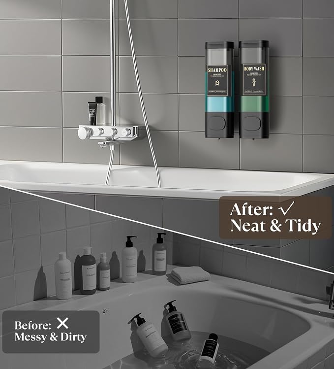 Luxspire Shampoo and Conditioner Dispenser, Shower Soap Dispenser 2-Chamber | Lockable Large Capacity 600ml No-Drill Wall-Mounted Shampoo and Body Wash Dispenser for Bathroom Hotel Kitchen Airbnb