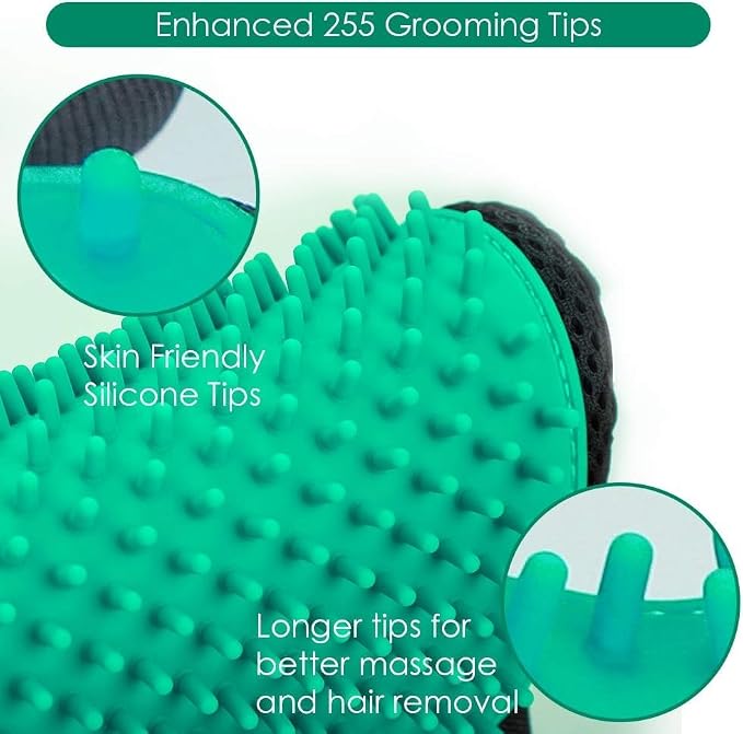 Pet Hair Removal Glove with 255 Silicone Tips for Dogs & Cats, Right Green | 2-in-1 Deshedding & Massage Mitt, 5-Finger Flexible Design, for Bathing & Grooming, Safe for Long/Short/Curly Hair Pets